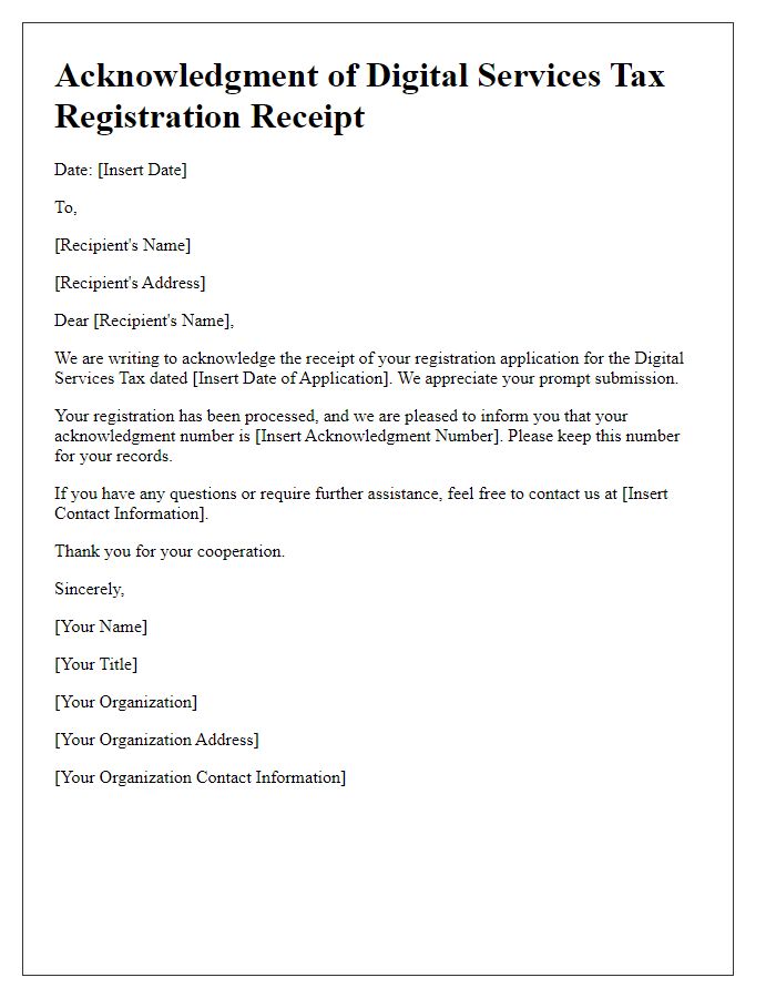 Letter template of acknowledgment for digital services tax registration receipt