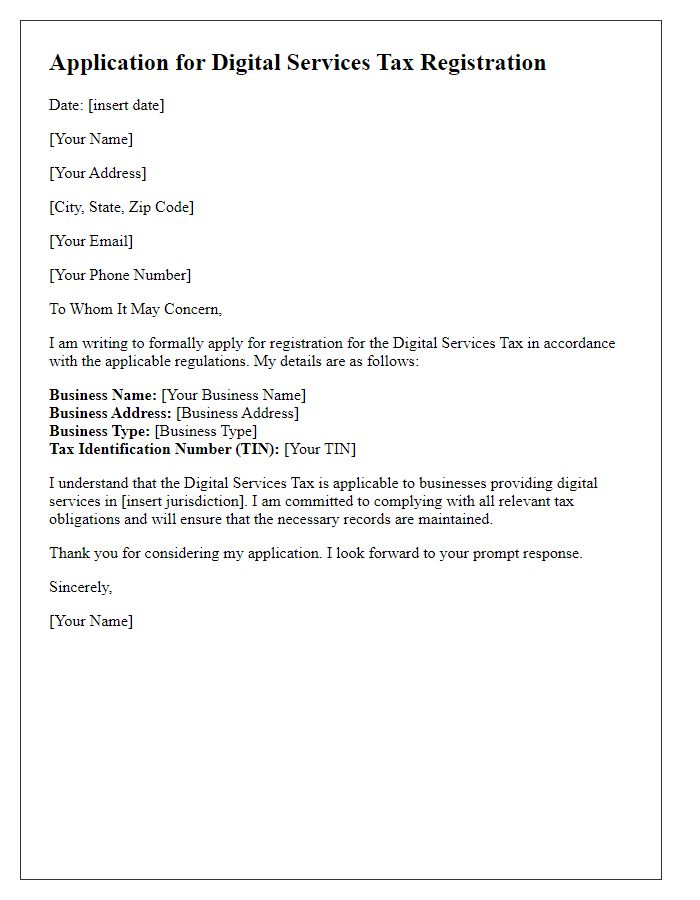 Letter template of application for digital services tax registration