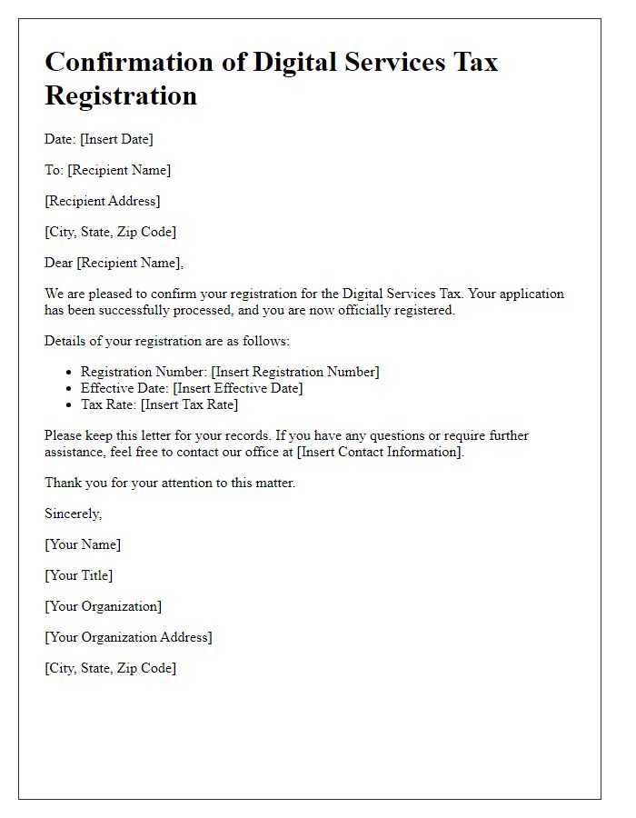 Letter template of confirmation for digital services tax registration