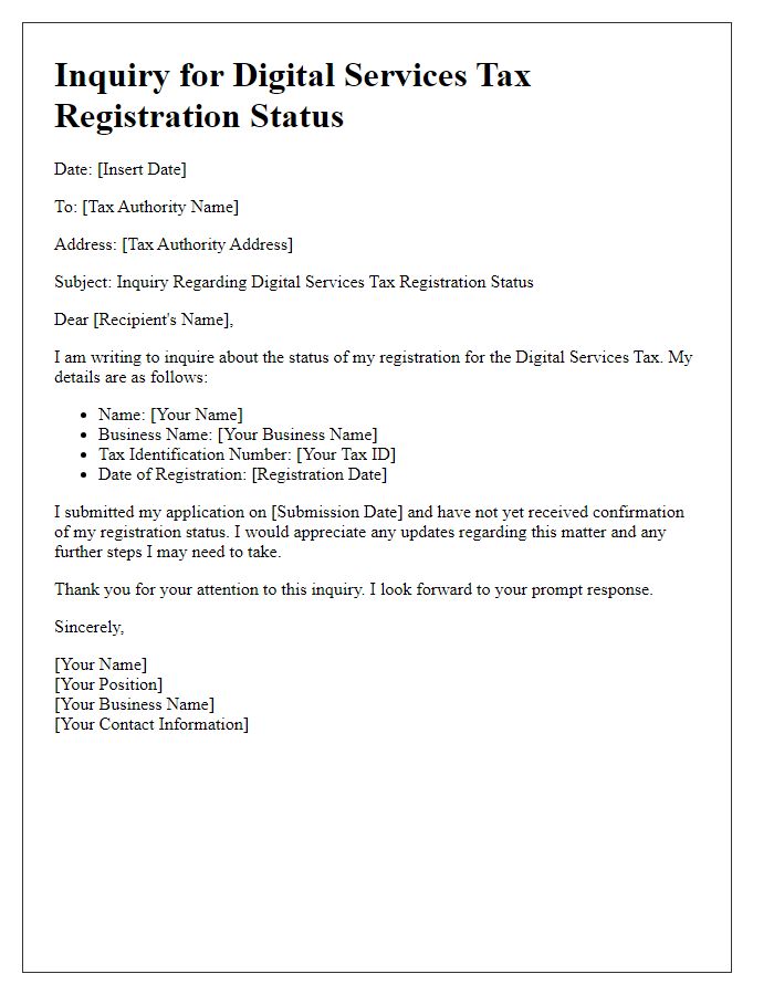 Letter template of inquiry for digital services tax registration status