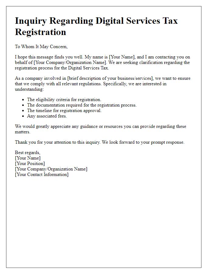 Letter template of inquiry regarding digital services tax registration