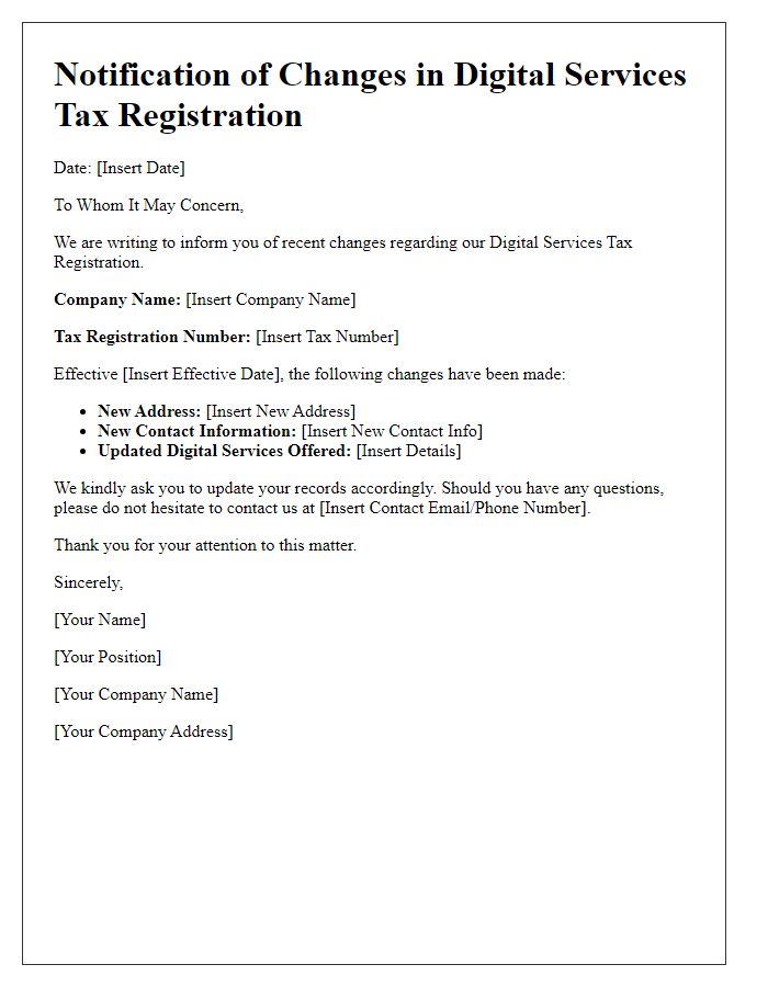 Letter template of notification for changes in digital services tax registration