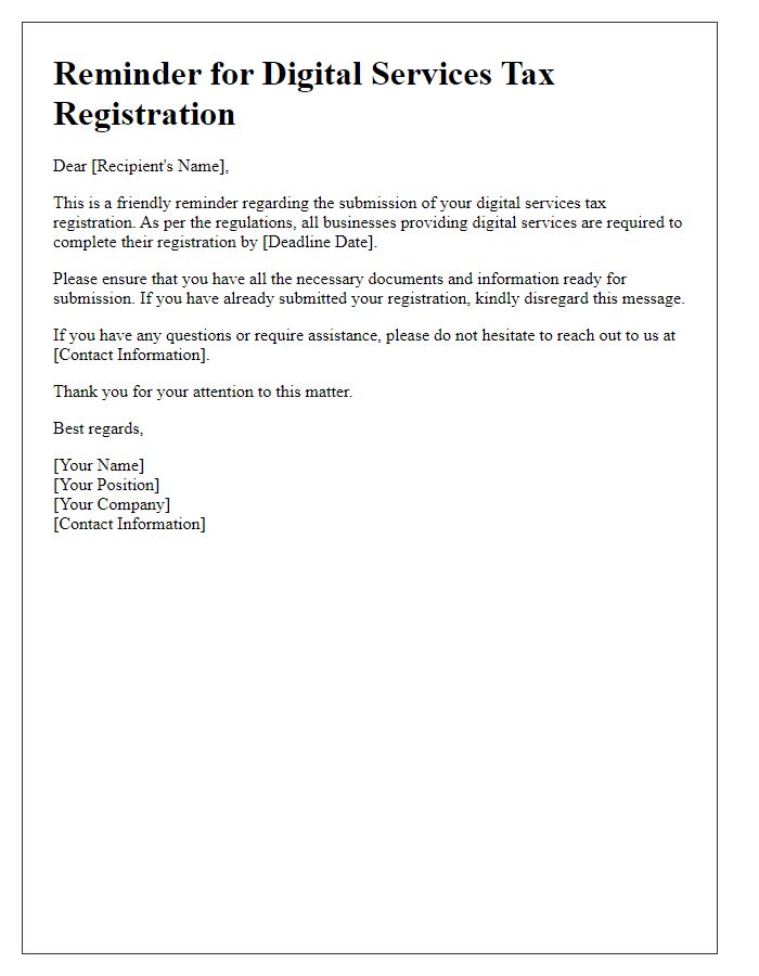 Letter template of reminder for digital services tax registration submission