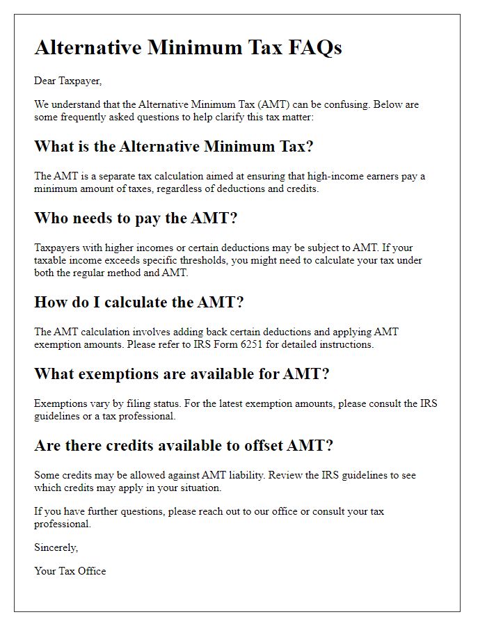 Letter template of Alternative Minimum Tax FAQs for Taxpayers