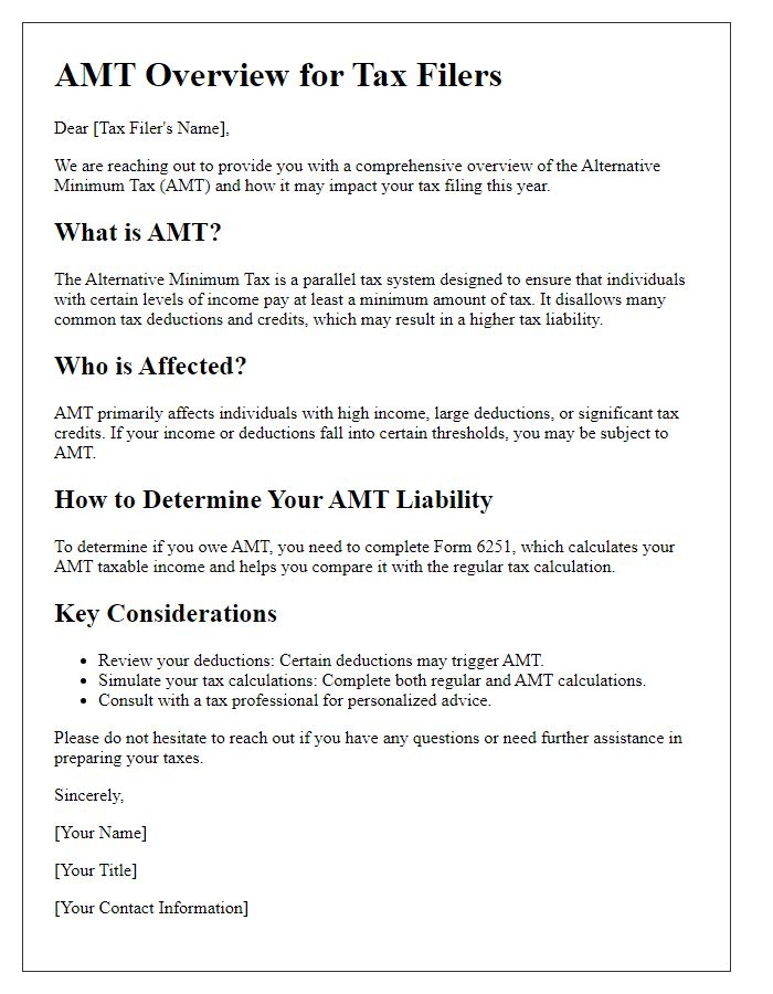 Letter template of AMT Overview for Tax Filers