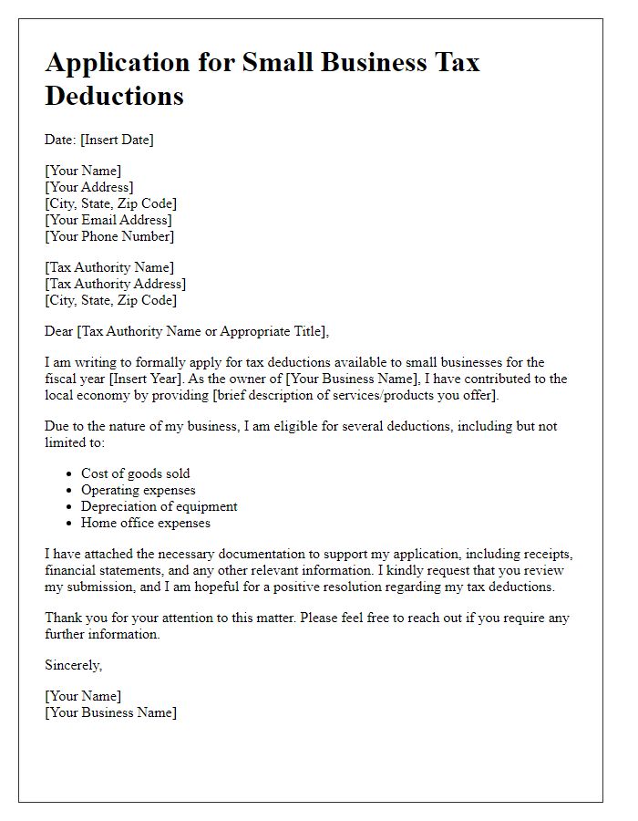 Letter template of application for small business tax deductions