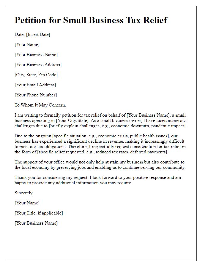 Letter template of petition for small business tax relief