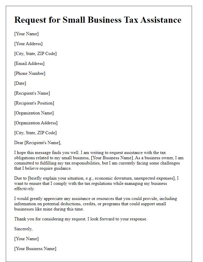 Letter template of request for small business tax assistance