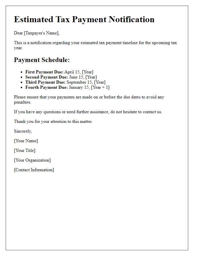 Letter template of notification for estimated tax payment timelines