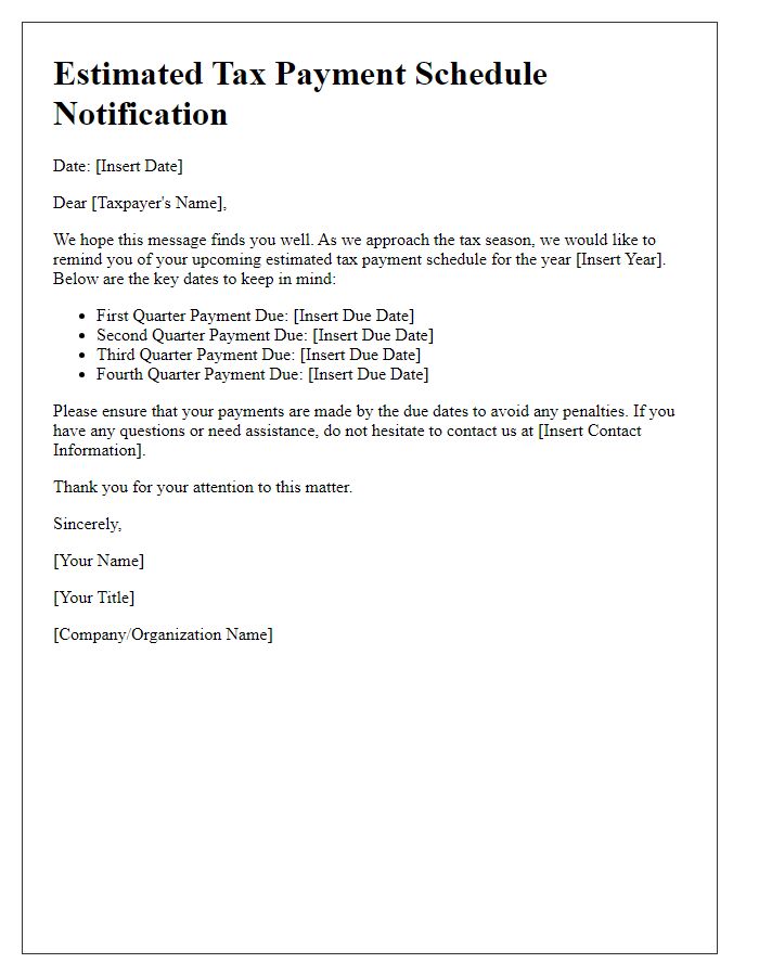 Letter template of prompt for estimated tax payment schedule