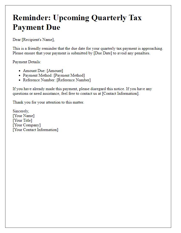 Letter template of reminder for necessary quarterly tax payments