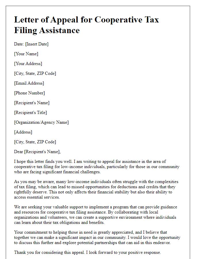 Letter template of appeal for cooperative tax filing assistance for low-income individuals