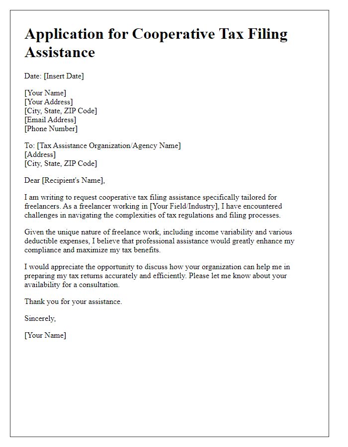 Letter template of application for cooperative tax filing assistance for freelancers