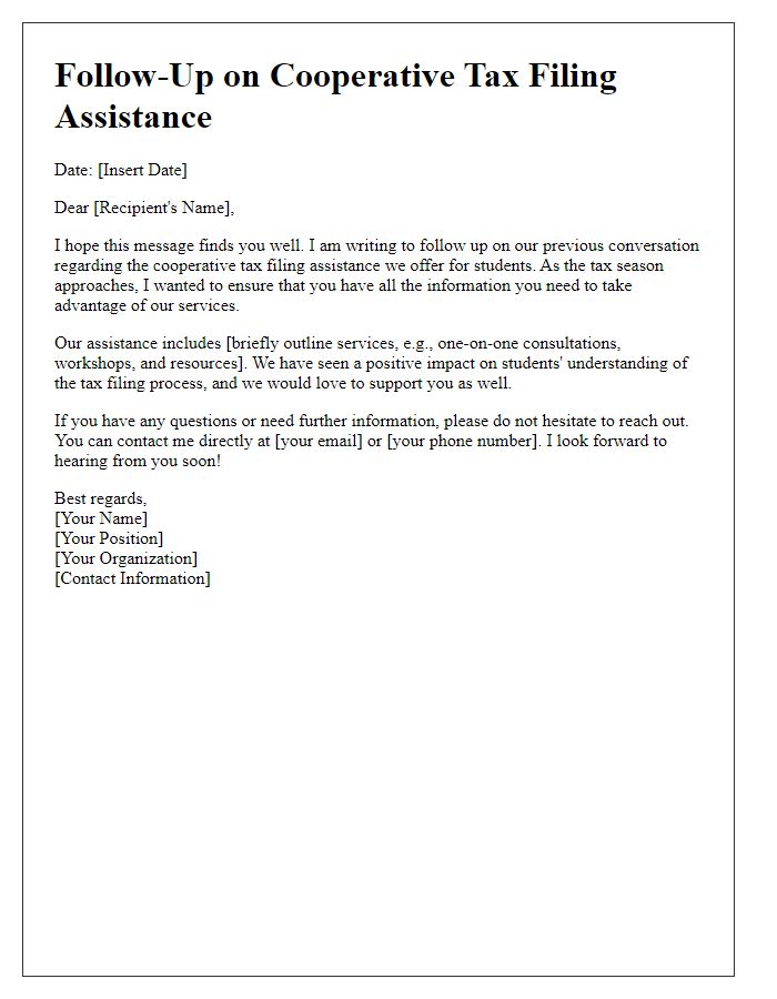 Letter template of follow-up on cooperative tax filing assistance for students