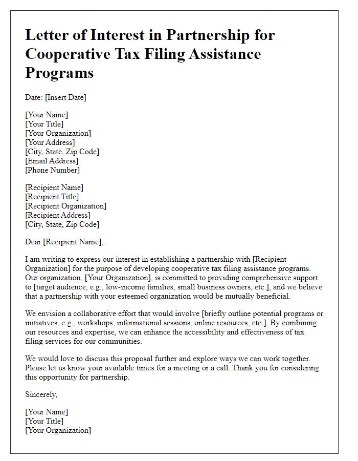 Letter template of interest in partnering for cooperative tax filing assistance programs