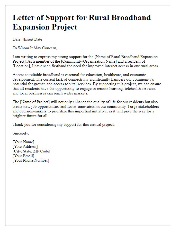 Letter template of support for rural broadband expansion project