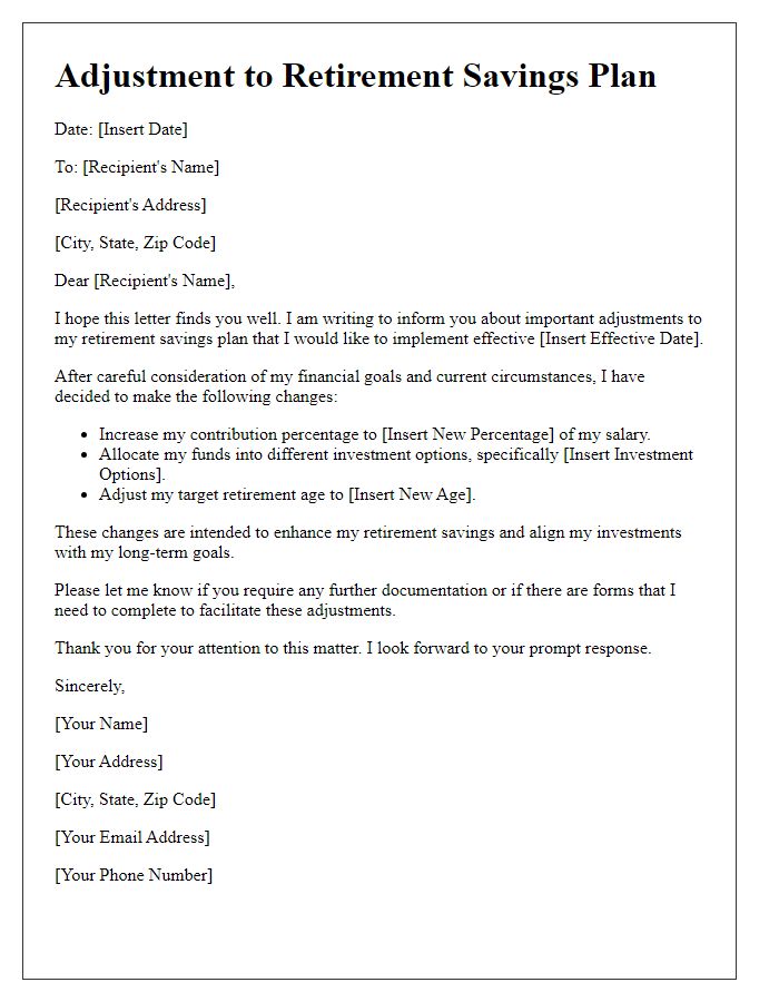 Letter template of adjustments to retirement savings plan