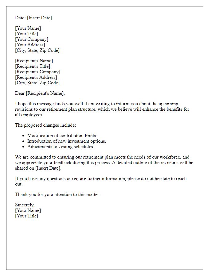 Letter template of retirement plan structure revisions