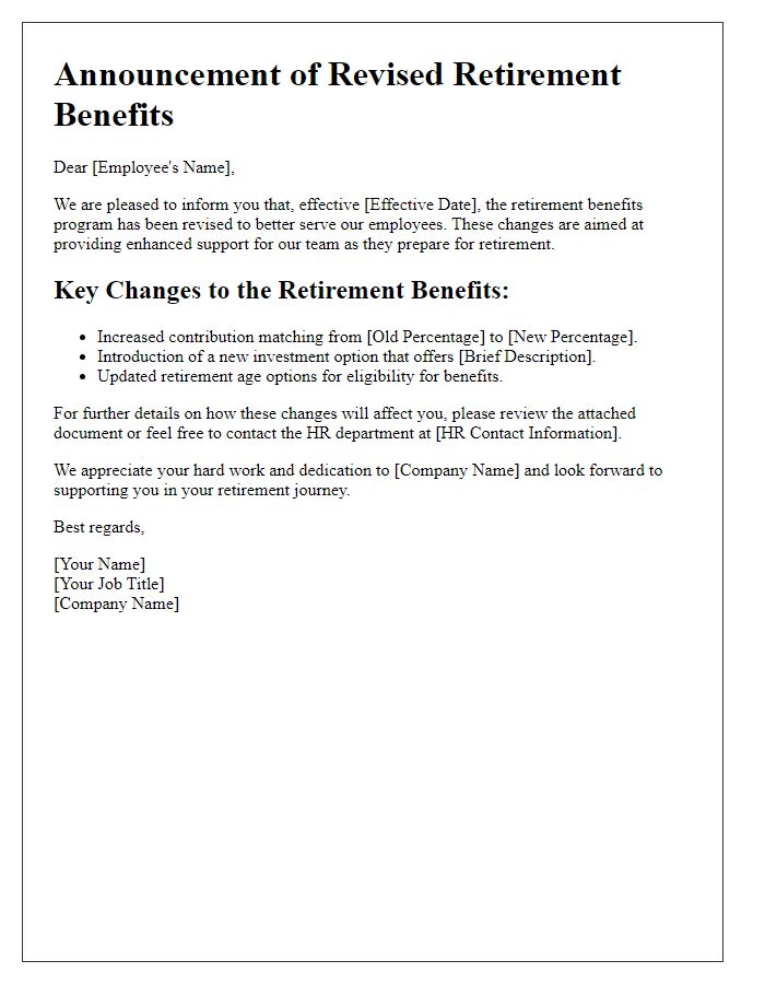 Letter template of revised retirement benefits announcement