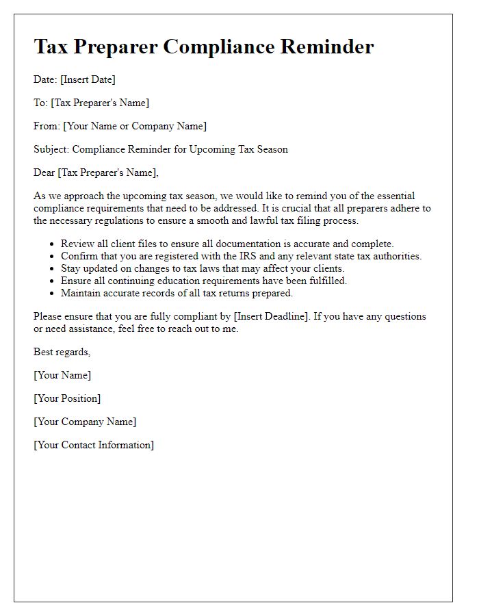 Letter template of tax preparer compliance reminder