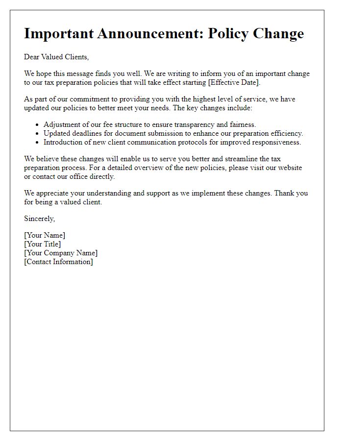 Letter template of tax preparer policy change announcement