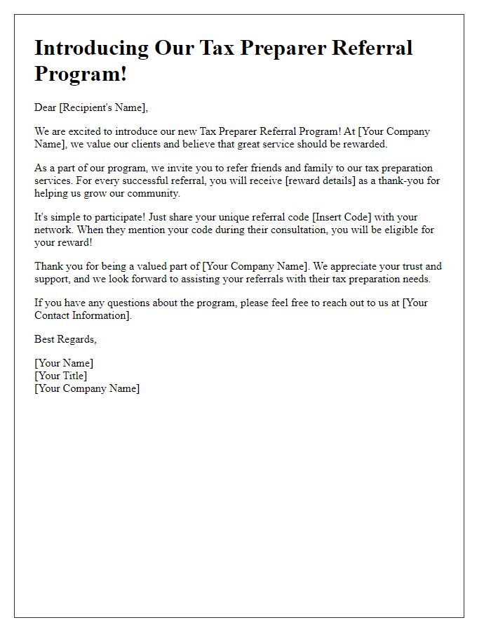 Letter template of tax preparer referral program introduction