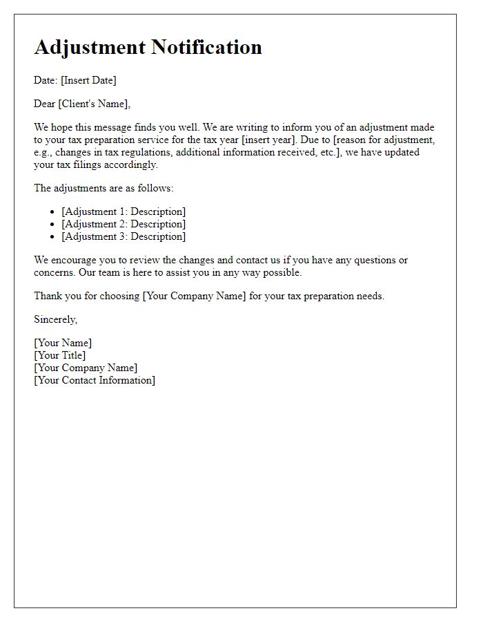 Letter template of tax preparer service adjustment notification