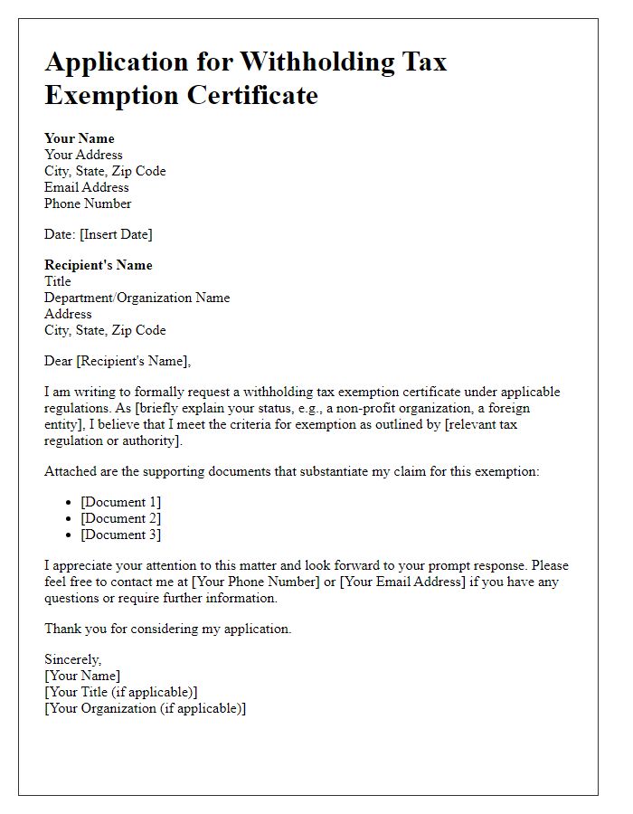 Letter template of application for withholding tax exemption certificate