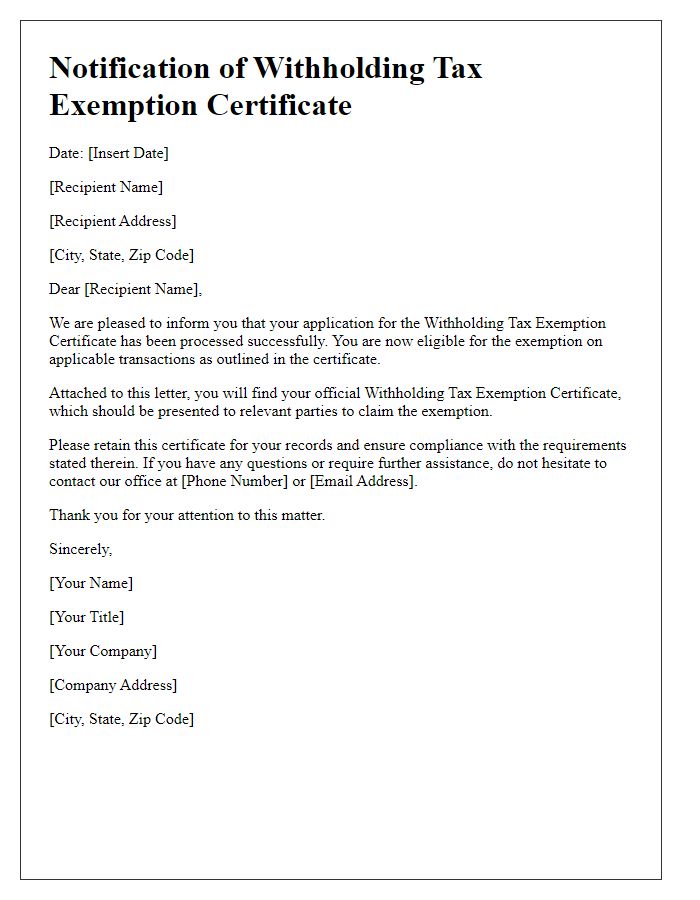 Letter template of notification for withholding tax exemption certificate