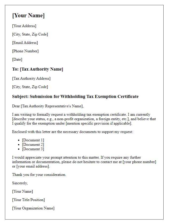 Letter template of submission for withholding tax exemption certificate