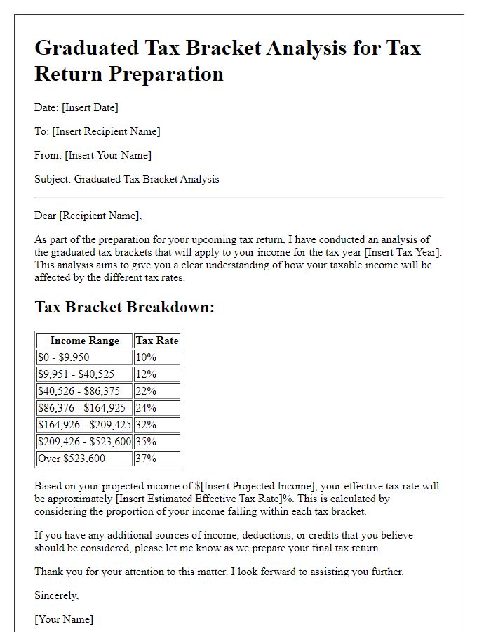 Letter template of graduated tax bracket analysis for tax return preparation