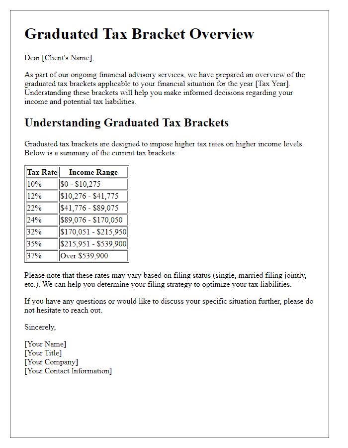 Letter template of graduated tax bracket overview for client financial advisory