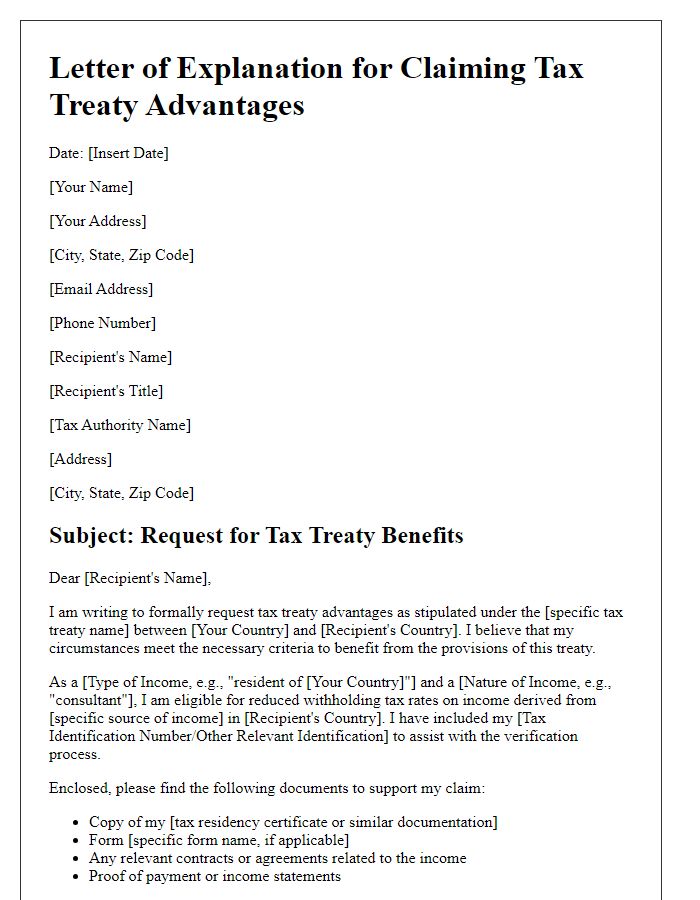 Letter template of explanation for claiming tax treaty advantages