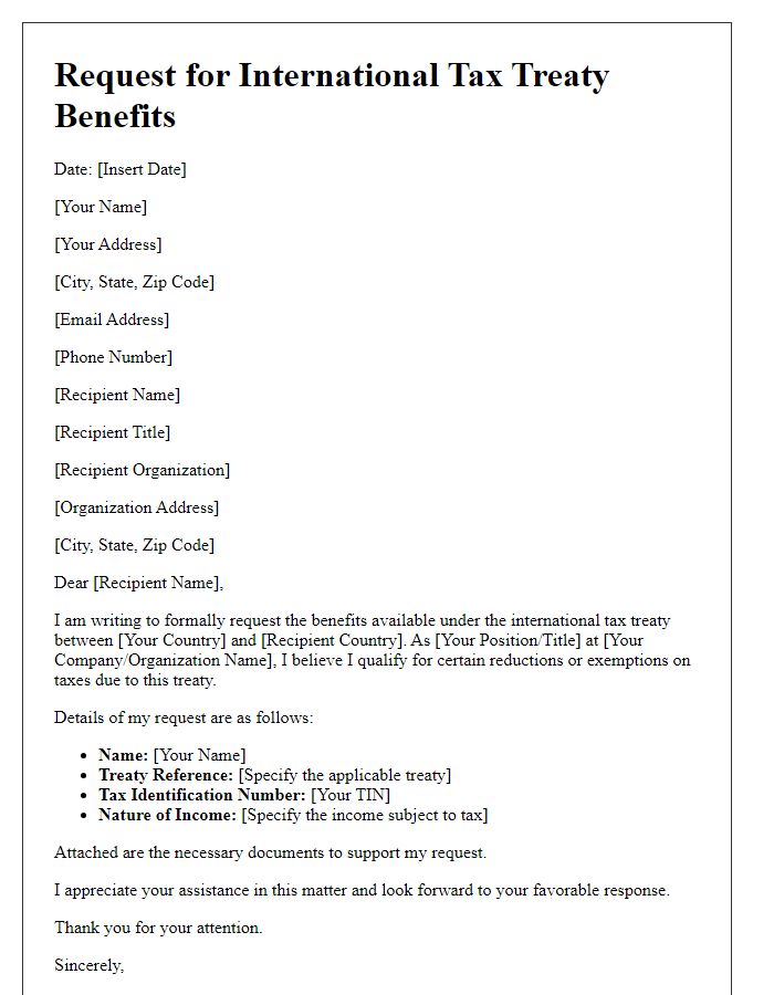 Letter template of request for international tax treaty benefits