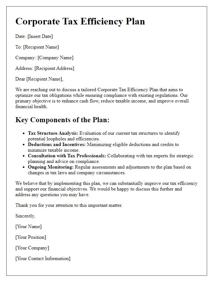 Letter template of corporate tax efficiency plan