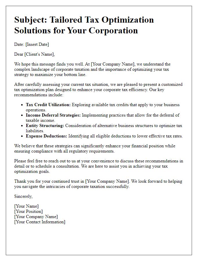 Letter template of optimized tax solutions for corporate clients