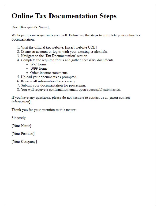 Letter template of online tax documentation steps