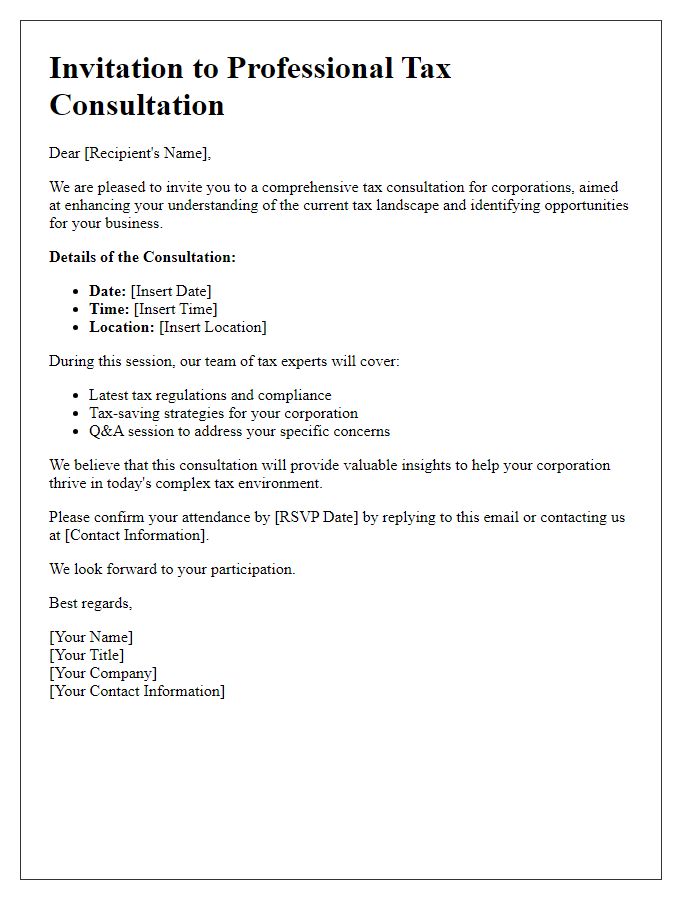 Letter template of Professional Tax Consultation Invitation for Corporations