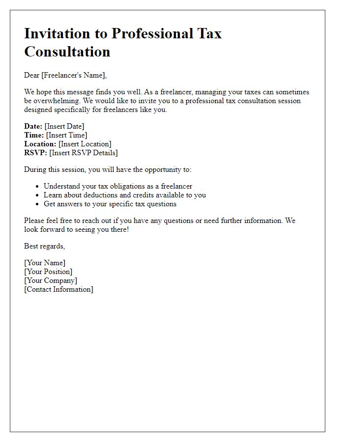 Letter template of Professional Tax Consultation Invitation for Freelancers