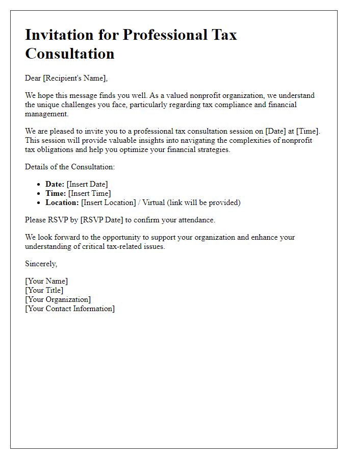 Letter template of Professional Tax Consultation Invitation for Nonprofits