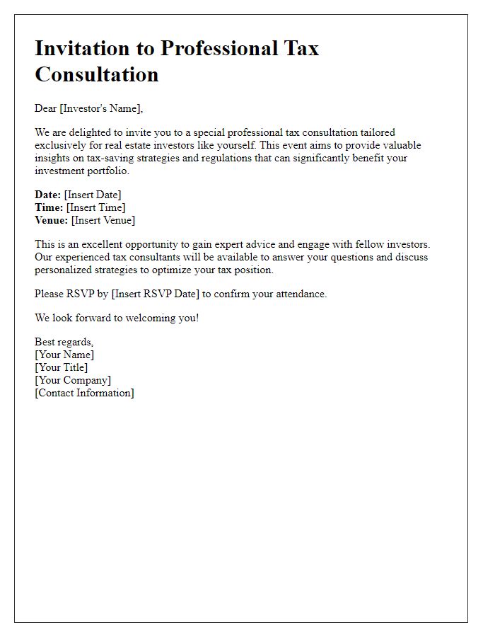 Letter template of Professional Tax Consultation Invitation for Real Estate Investors