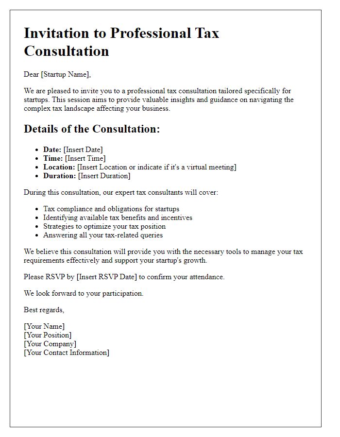 Letter template of Professional Tax Consultation Invitation for Startups