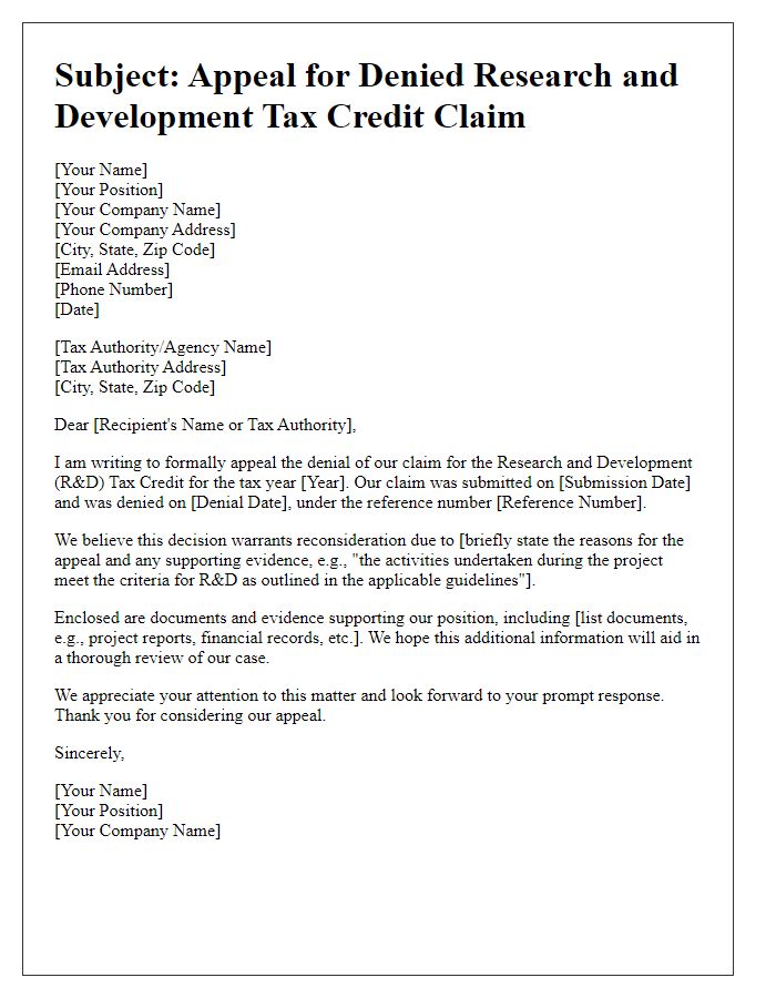 Letter template of appeal for denied research and development tax credit claim.