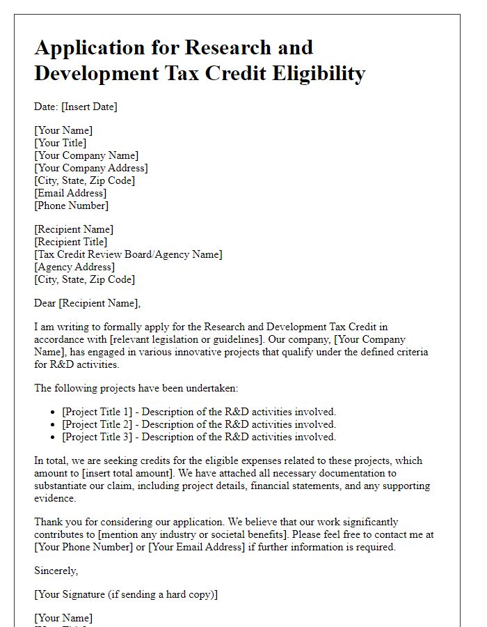 Letter template of application for research and development tax credit eligibility.