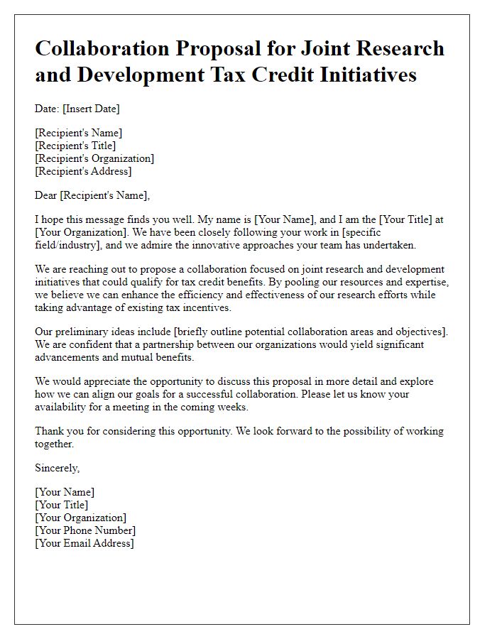 Letter template of collaboration proposal for joint research and development tax credit initiatives.