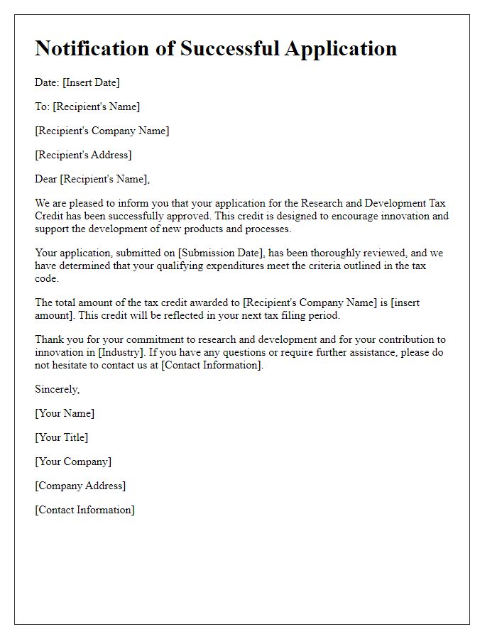 Letter template of notification for successful research and development tax credit application.