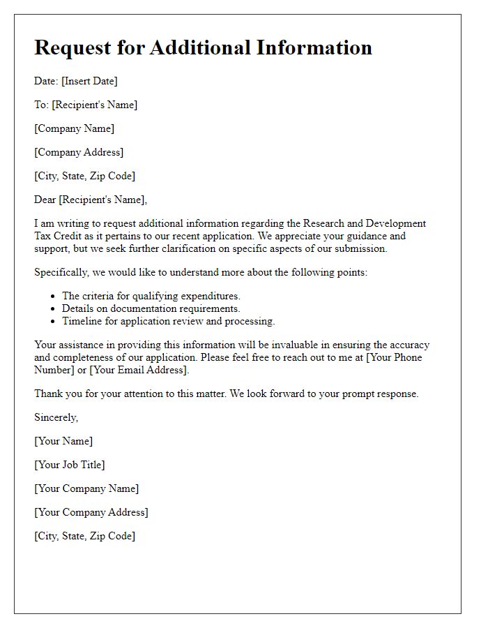 Letter template of request for additional information on research and development tax credit.