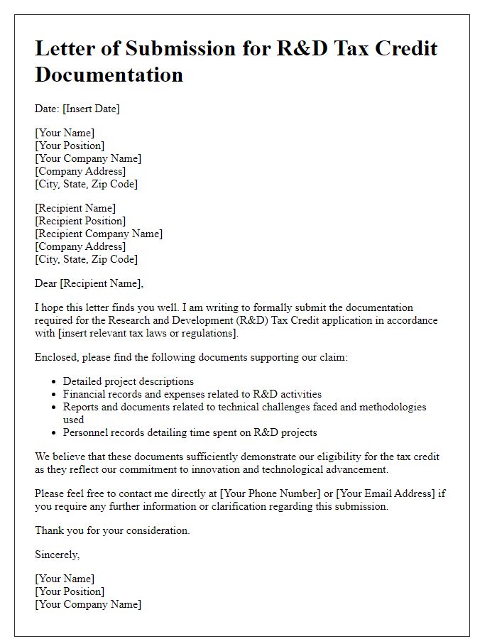 Letter template of submission for documentation supporting research and development tax credit.