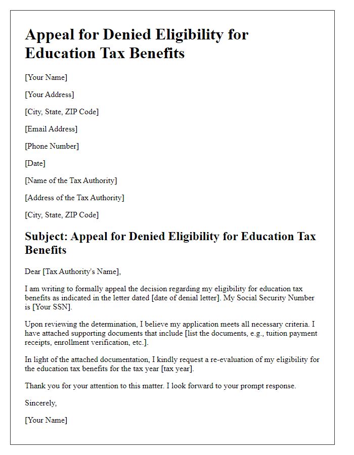 Letter template of education tax benefits appeal for denied eligibility