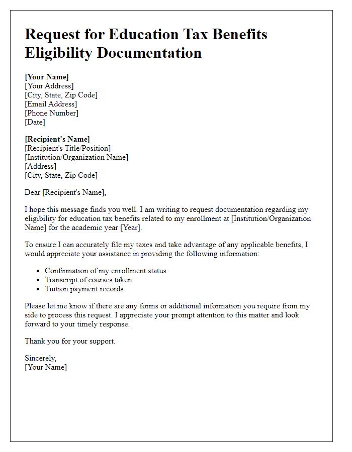 Letter template of education tax benefits eligibility documentation request